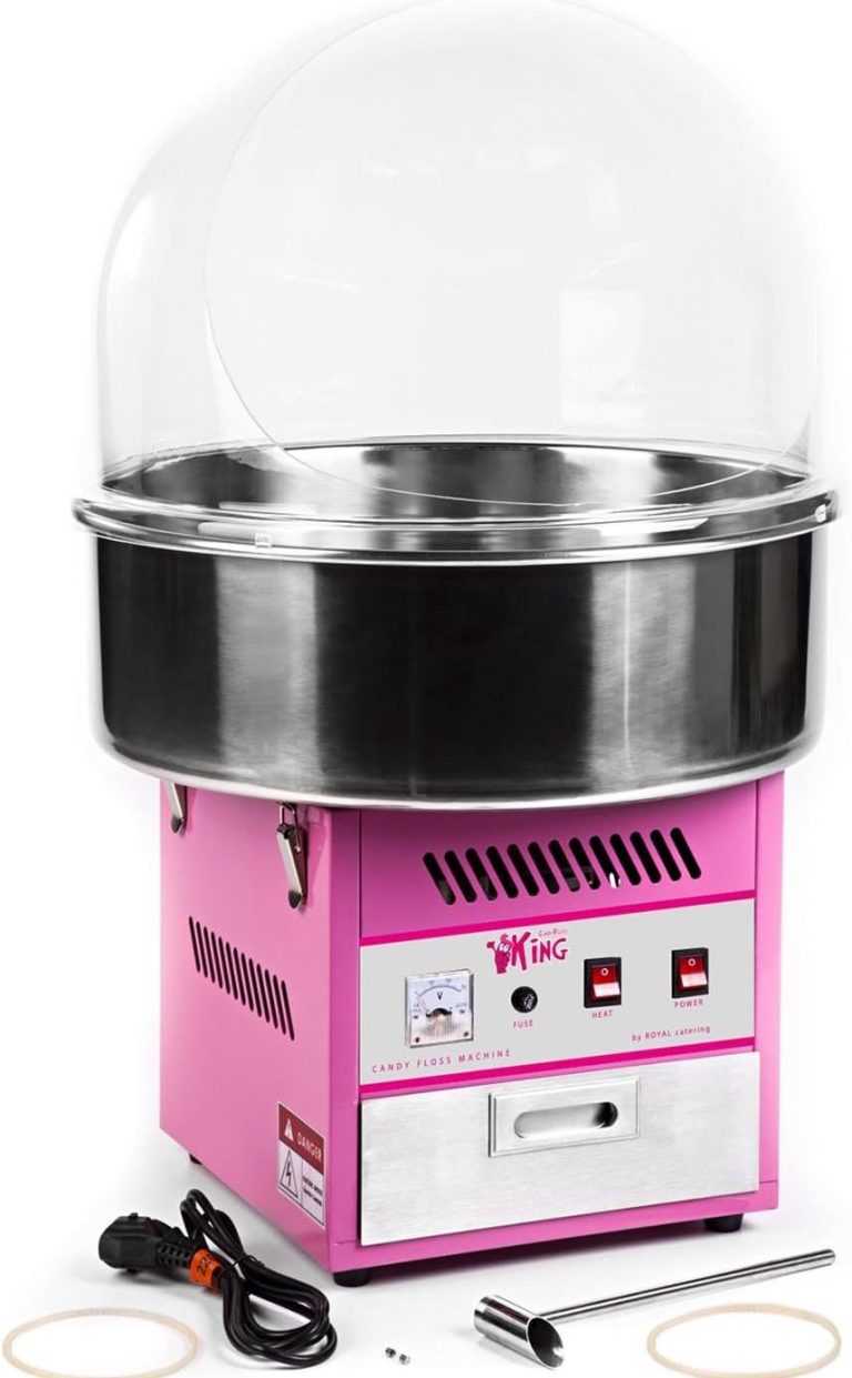 Rosa Zuckerwattemaschine mit transparentem Deckel und silberner Schüssel.