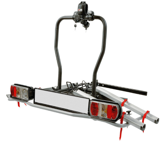 Fahrradträger für die Montage am Auto mit Halterungen und Rücklichtern.