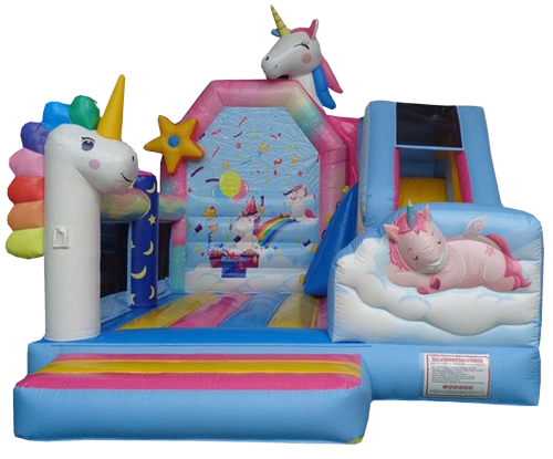 Bunte Hüpfburg im Einhorn-Design und Rutsche 