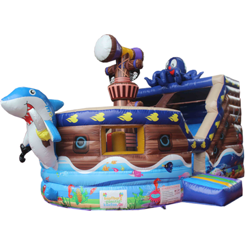 Bunte Hüpfburg Spielschiff mit Haifisch, Kanone und Oktopus für Kinder.
